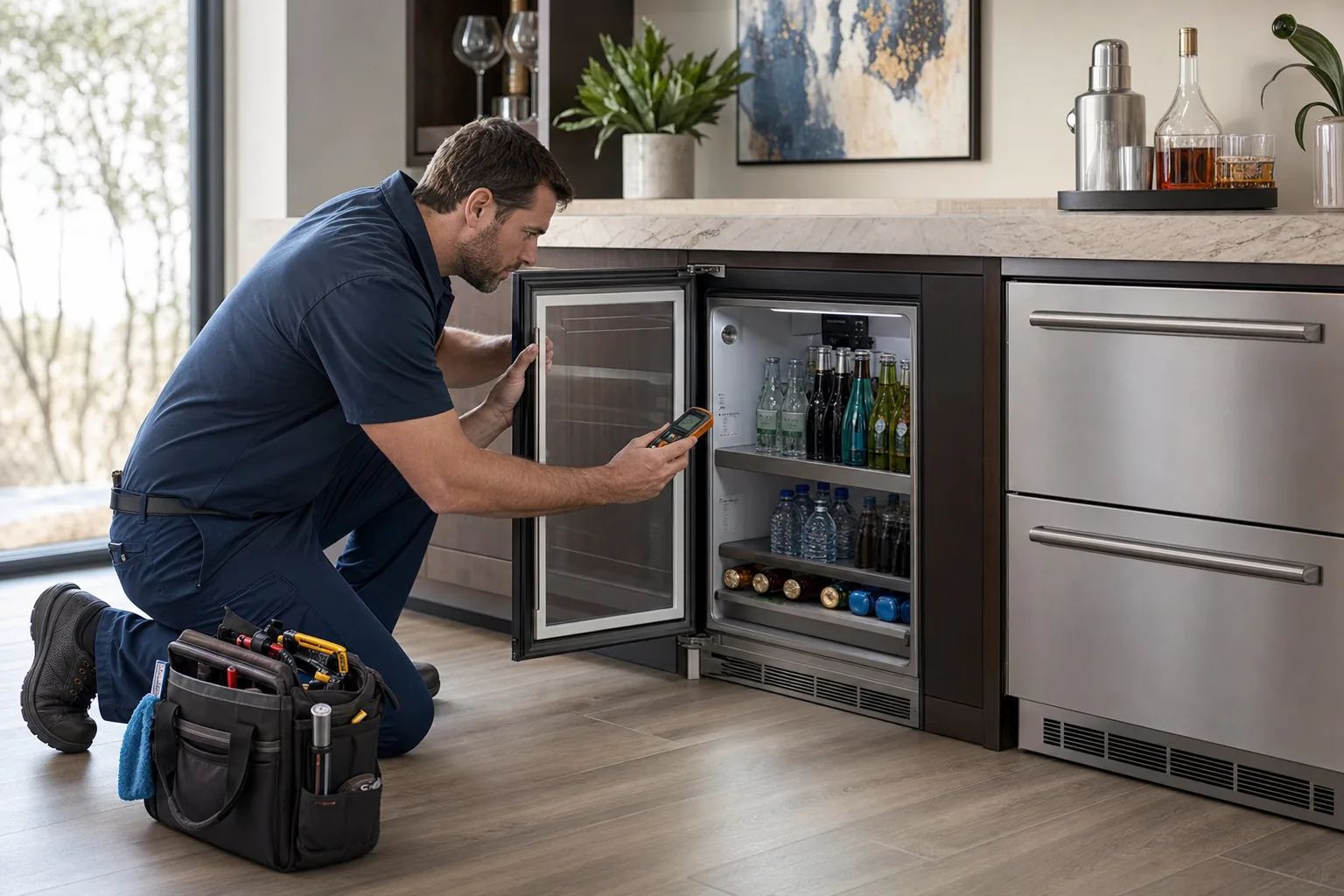 Technician measuring temperature in a Sub-Zero-style undercounter beverage refrigerator