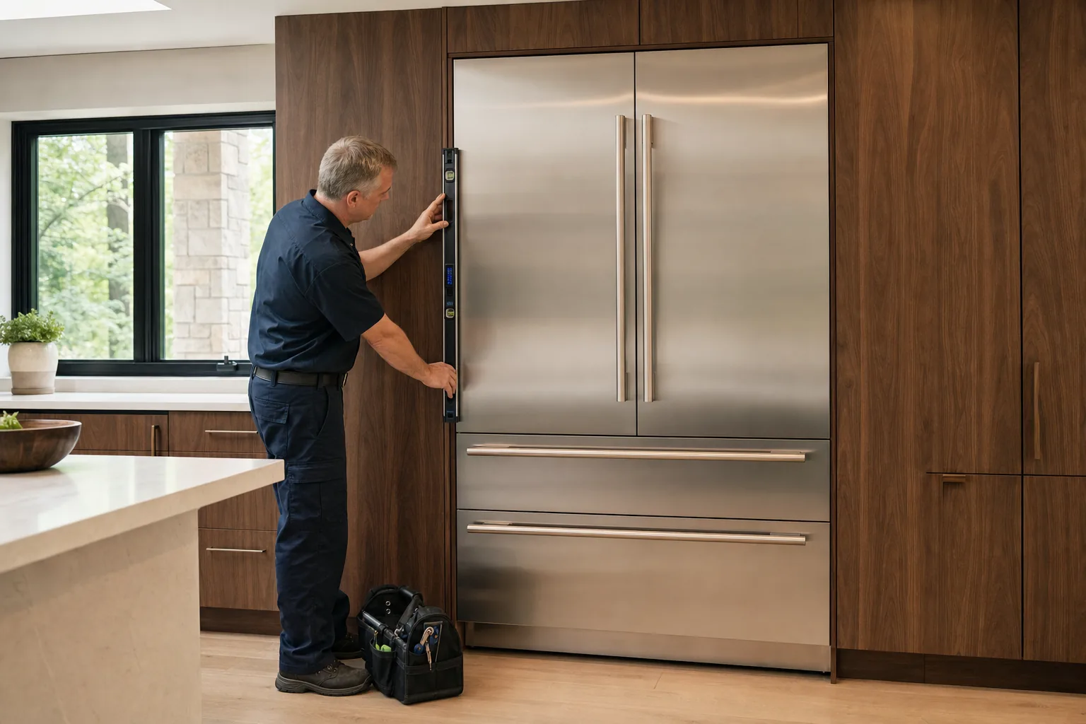 Technician checking door alignment on a broad Thermador-style built-in bottom-freezer refrigerator