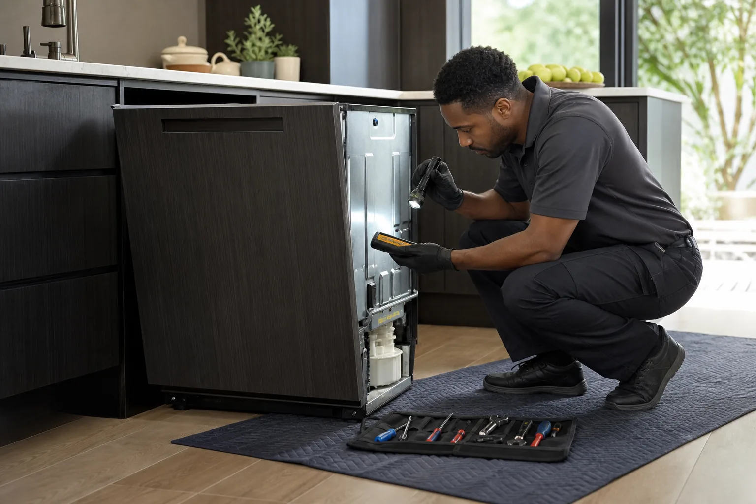 Technician inspecting the side and leak tray of a panel-ready Thermador-style dishwasher