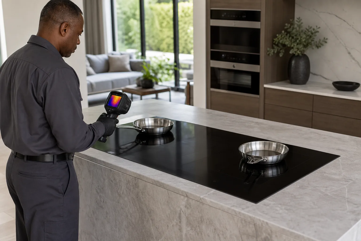 Technician checking temperature zones on a Thermador-style induction cooktop with a thermal camera
