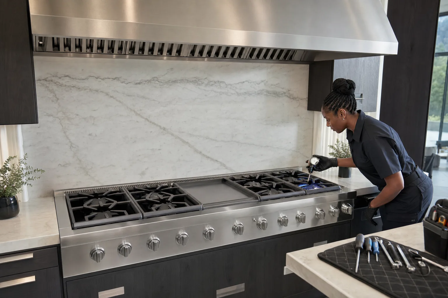 Technician checking a burner on a wide Thermador-style professional range