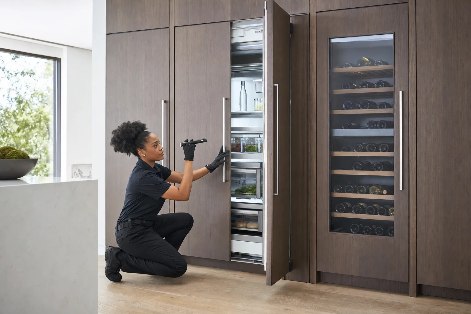 Technician inspecting a panel-ready Thermador-style refrigerator column beside a wine column