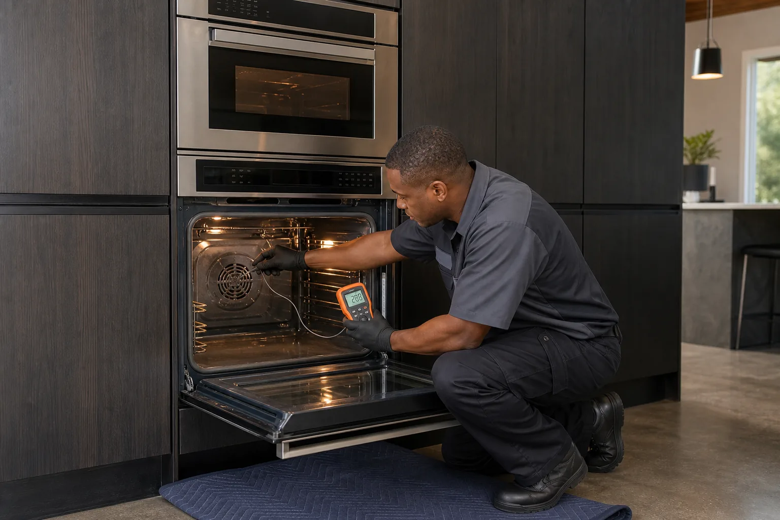 Technician measuring convection temperature in a Thermador-style wall oven stack