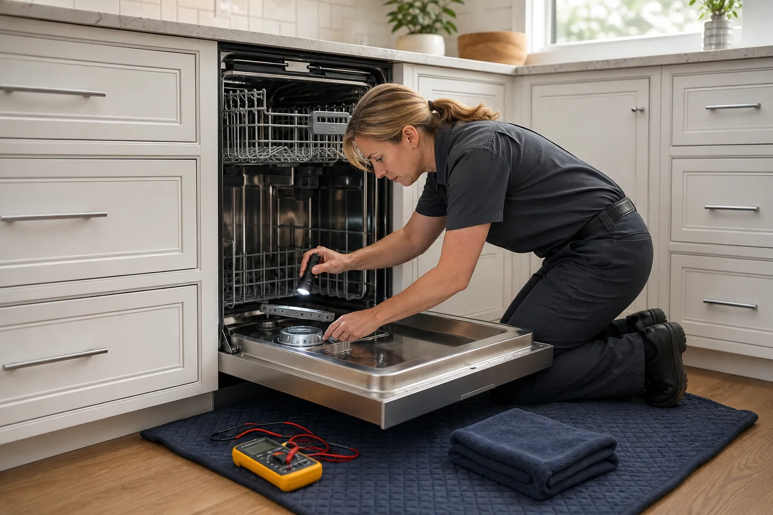 Technician inspecting the sump of a Viking-style premium dishwasher