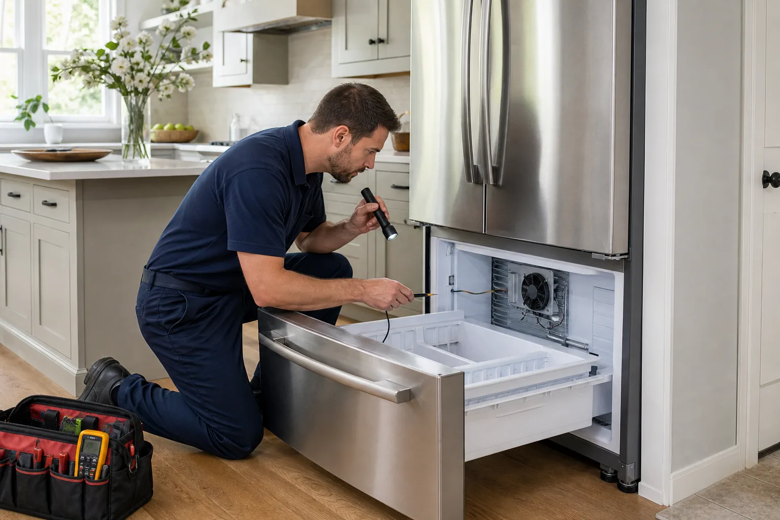 Technician inspecting the lower freezer of a Viking-style freestanding refrigerator