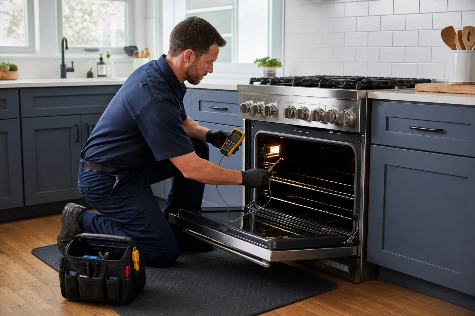 Technician measuring oven temperature in a Viking-style professional residential range