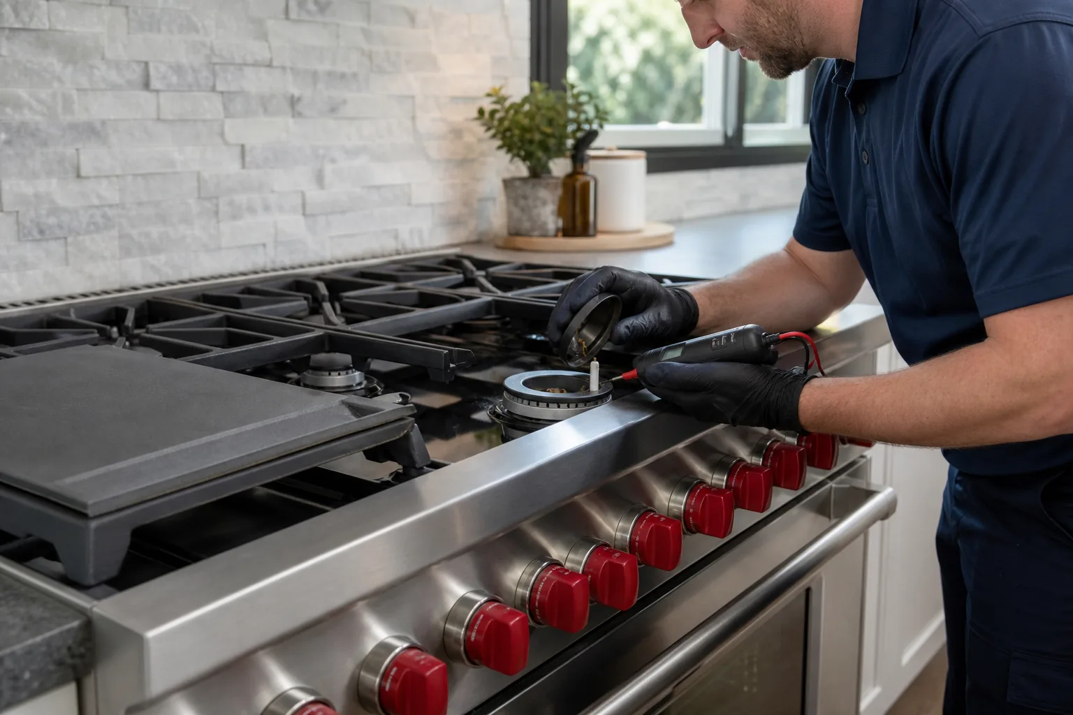 Technician inspecting a burner igniter on a Wolf-style all-gas range
