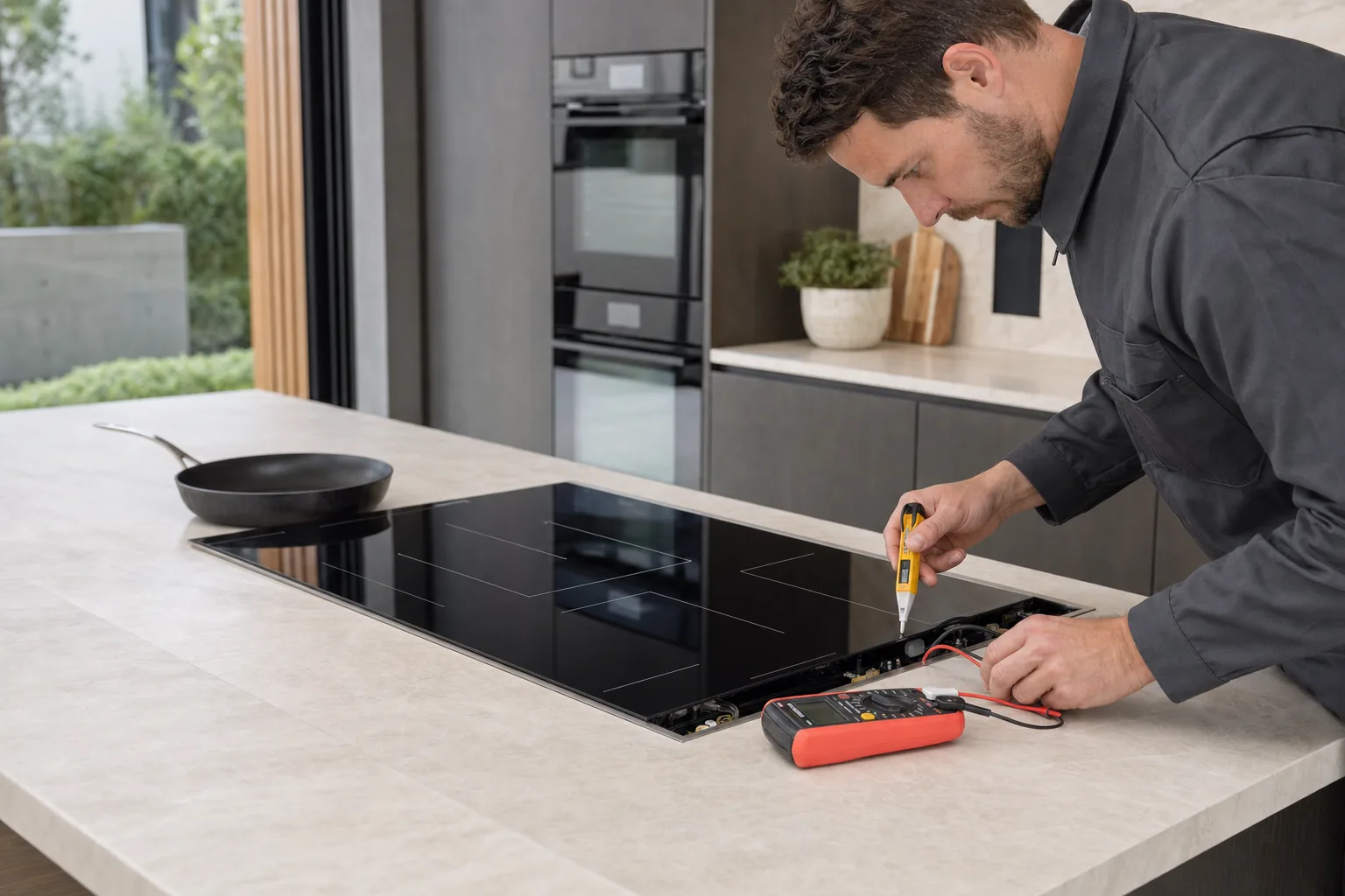 Technician testing the edge electronics of a Wolf-style induction cooktop