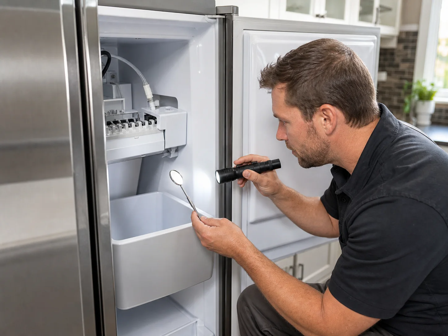 Technician inspecting an empty ice bin and fill area in an unbranded side-by-side freezer comparable to a Sub-Zero 632