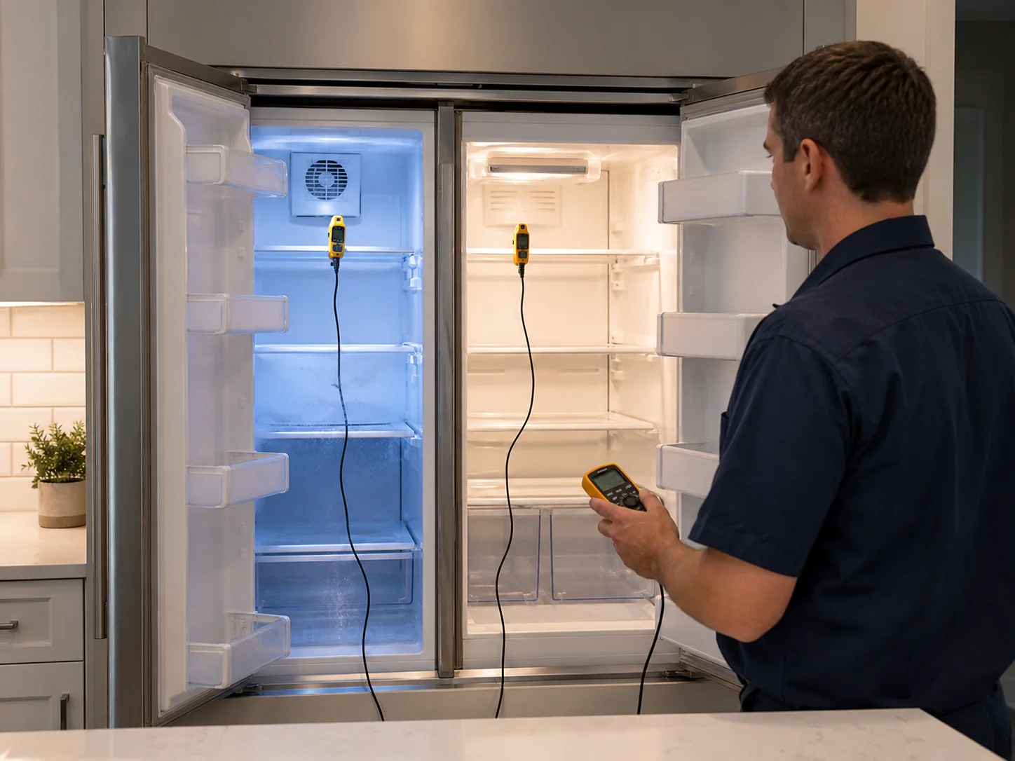 Technician comparing two compartment temperatures in an unbranded 42-inch side-by-side refrigerator comparable to a Sub-Zero 642