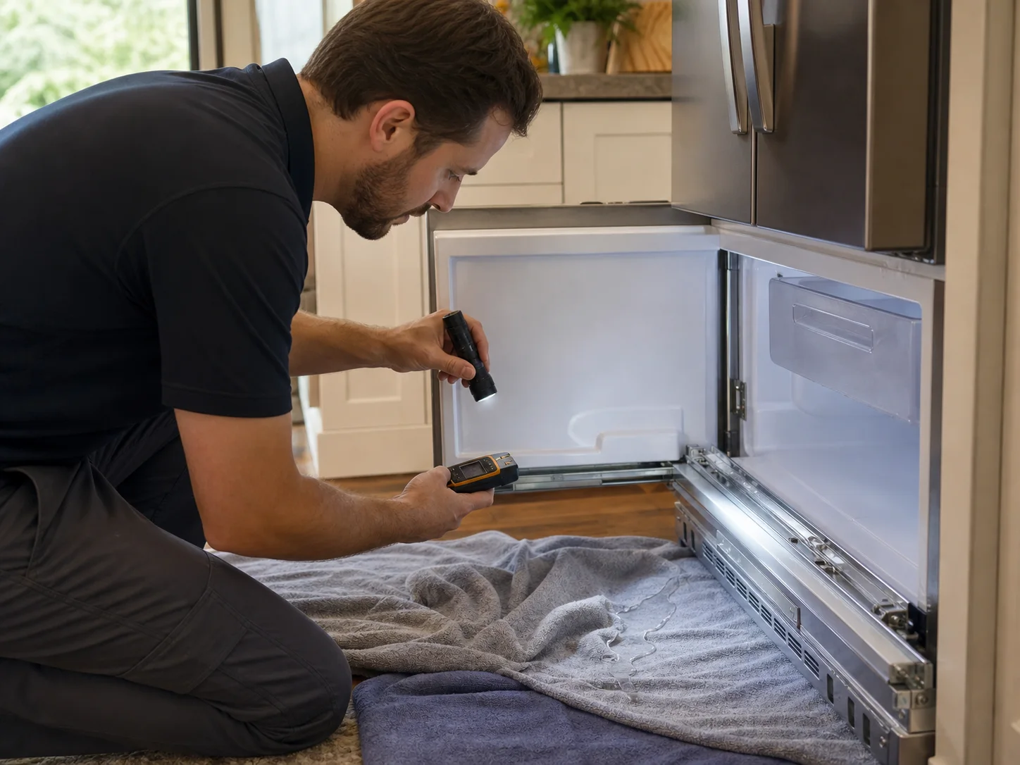 Technician tracing a small meltwater path in an unbranded lower freezer drawer comparable to a Sub-Zero 650
