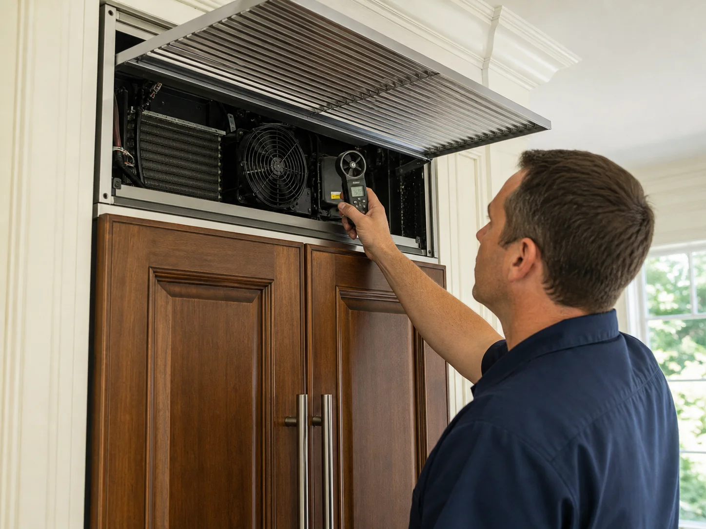 Technician testing upper condenser airflow on an unbranded over-and-under refrigerator comparable to a Sub-Zero 650 that is not cooling
