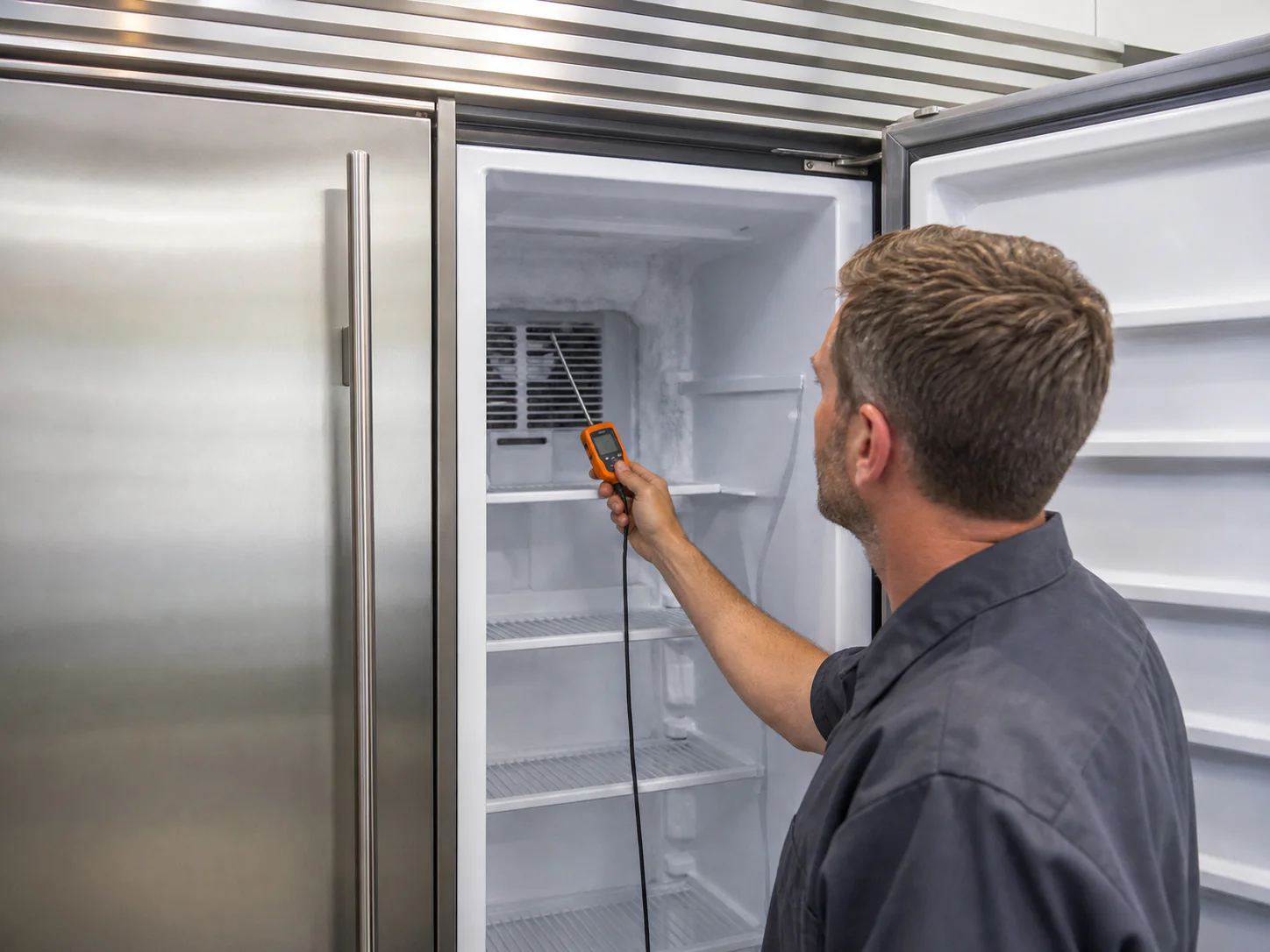 Technician measuring a warm narrow freezer with localized frost in an unbranded built-in side-by-side refrigerator comparable to a Sub-Zero 661