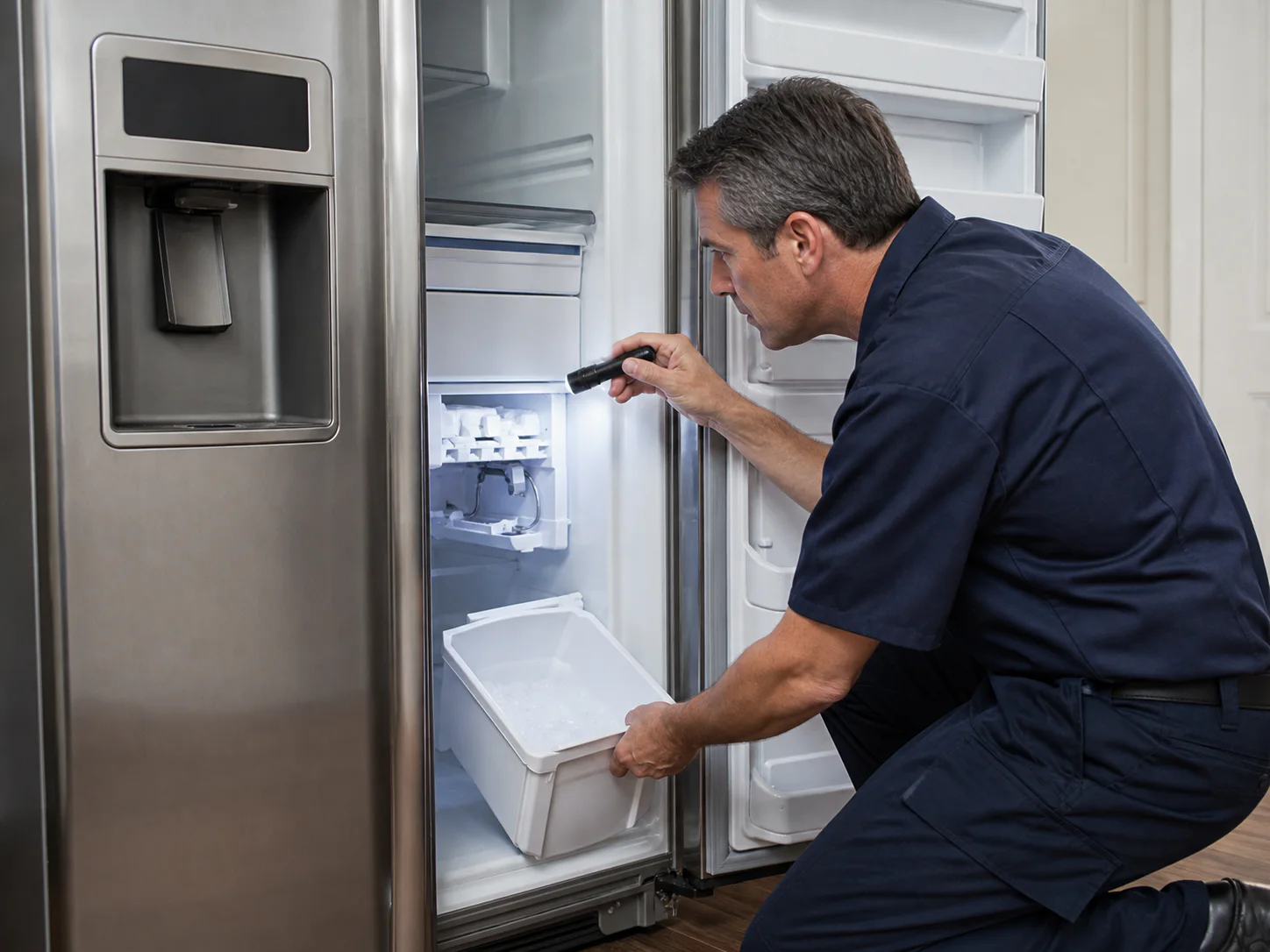 Technician inspecting the ice bucket and auger path in an unbranded wide dispenser refrigerator comparable to a Sub-Zero 695
