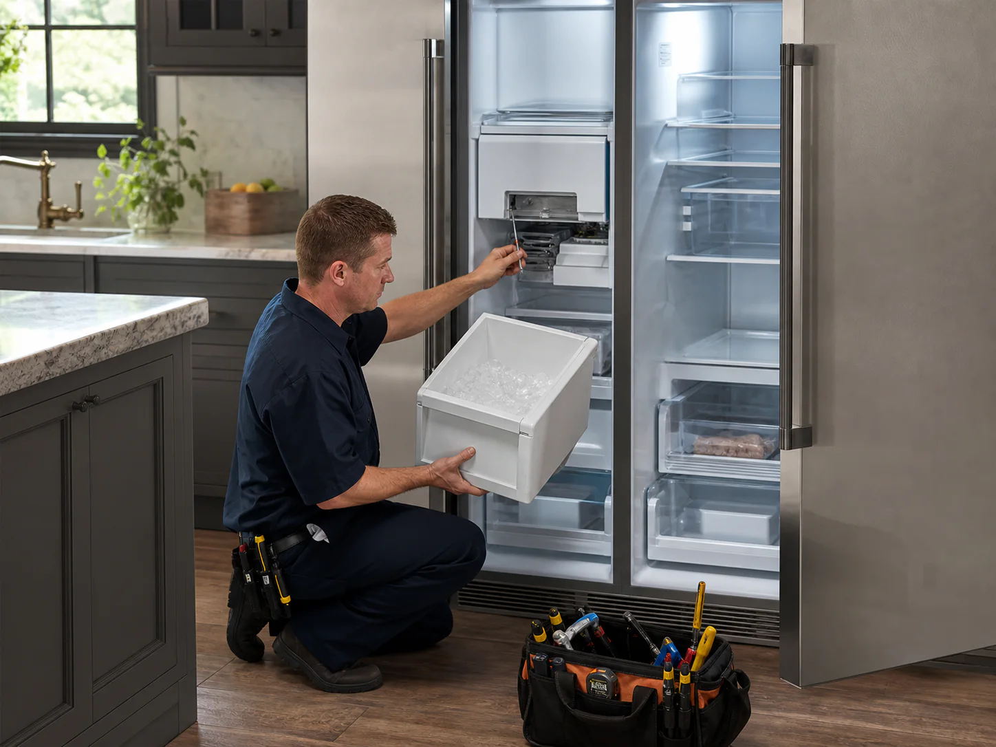 Technician checking water fill and the ice bucket in an unbranded 48-inch built-in side-by-side refrigerator comparable to a Sub-Zero BI-48