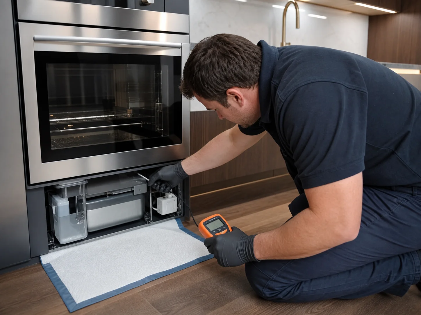 Technician diagnosing combination steam oven with a technician tracing a small contained water leak for the Thermador steam oven symptom described in this guide