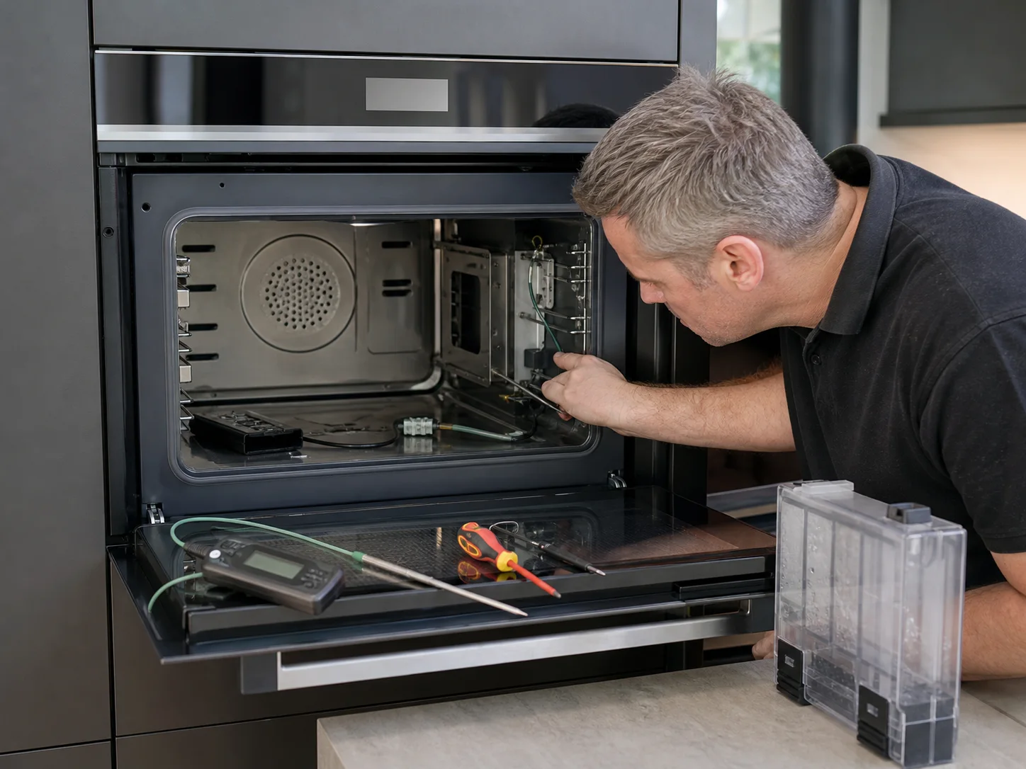 Technician diagnosing combination steam oven with the reservoir and cavity open for the Thermador steam oven symptom described in this guide
