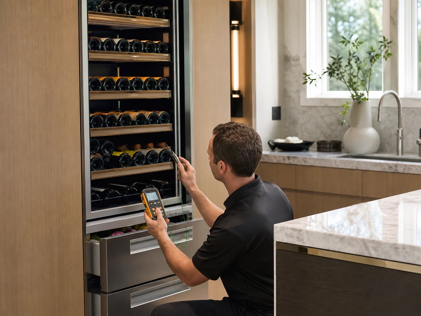 Technician diagnosing tall integrated wine cabinet with glass door and lower drawers for the Sub-Zero 427 and 427R symptom described in this guide