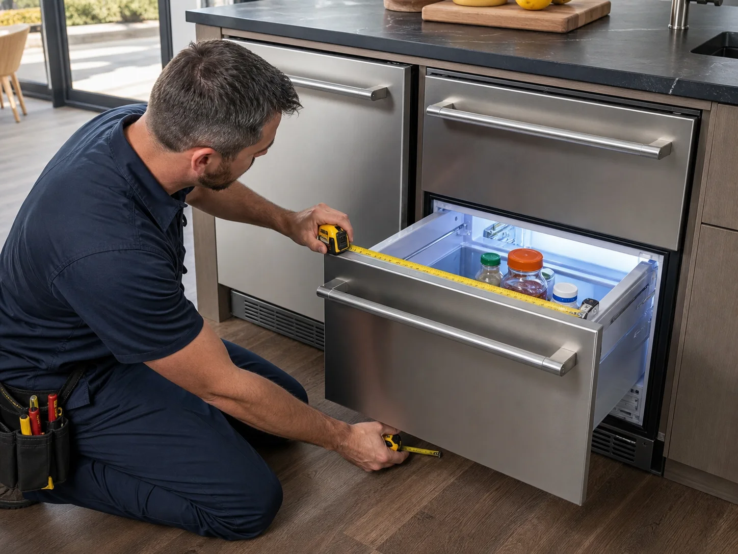 Technician diagnosing integrated undercounter refrigerator drawers with a technician measuring both compartments for the Sub-Zero 700BR refrigerator drawers symptom described in this guide