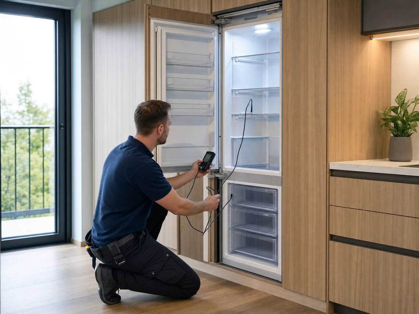 Technician diagnosing narrow integrated refrigerator-freezer column with separate temperature probes for the Sub-Zero 700TC combination column symptom described in this guide