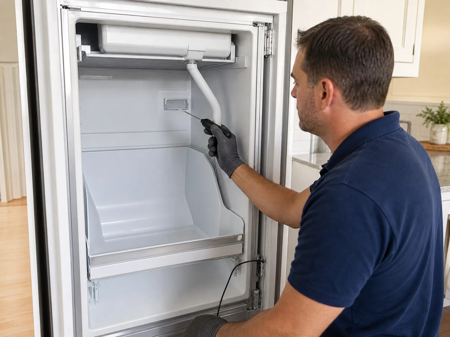 Technician diagnosing full-height built-in freezer with an internal ice maker and empty bin for the Sub-Zero 601F symptom described in this guide