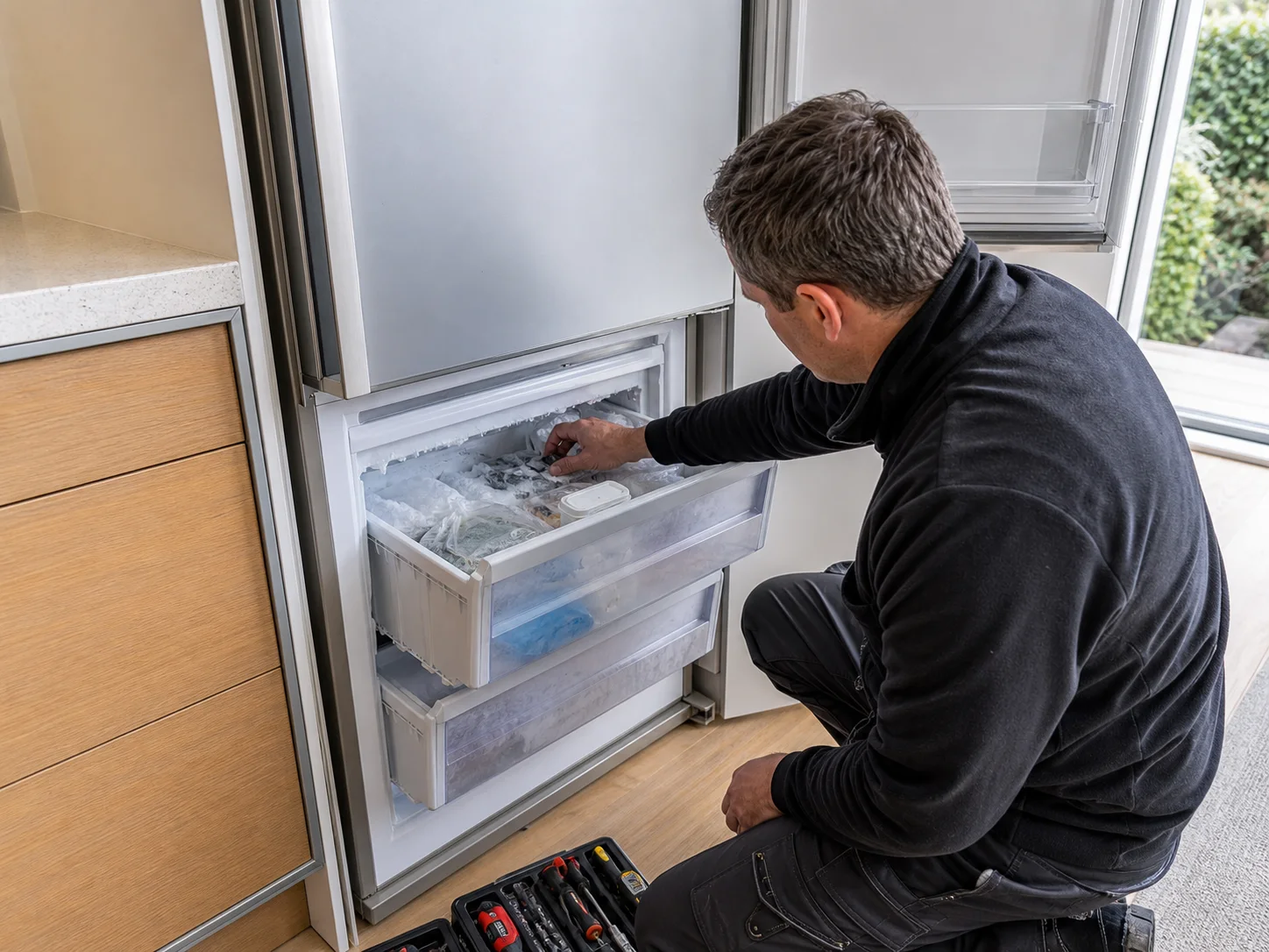 Technician diagnosing lower freezer drawer with an internal ice maker and technician checking fill volume for the Sub-Zero 611 and 611G symptom described in this guide