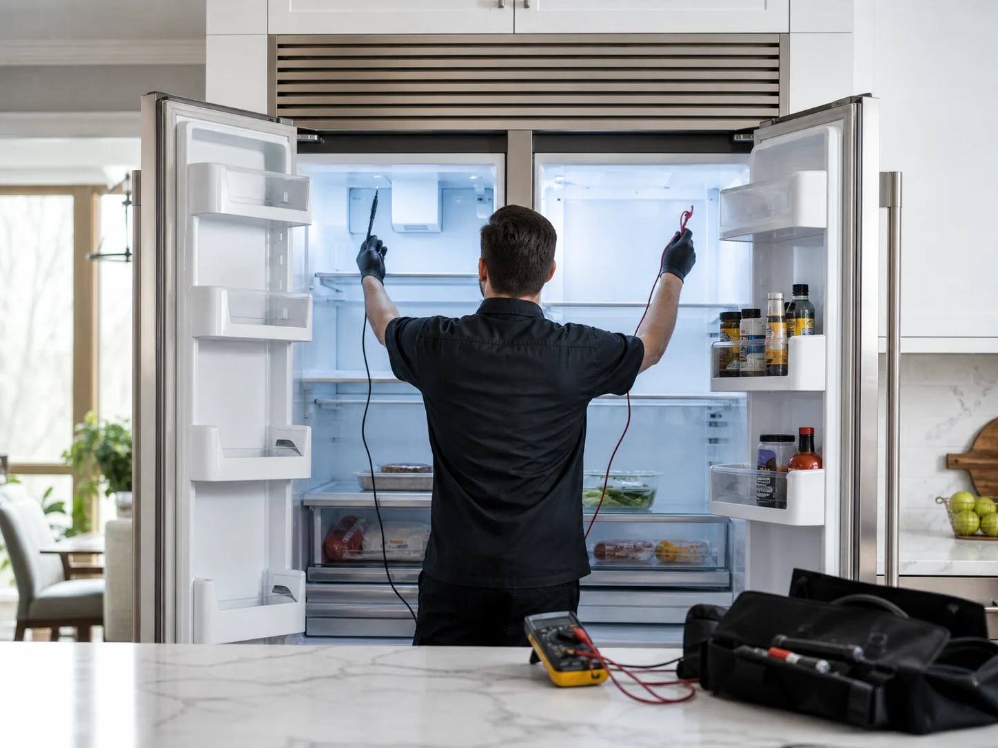 Technician diagnosing wide built-in side-by-side refrigerator with separate temperature probes in both compartments for the Sub-Zero 632 symptom described in this guide