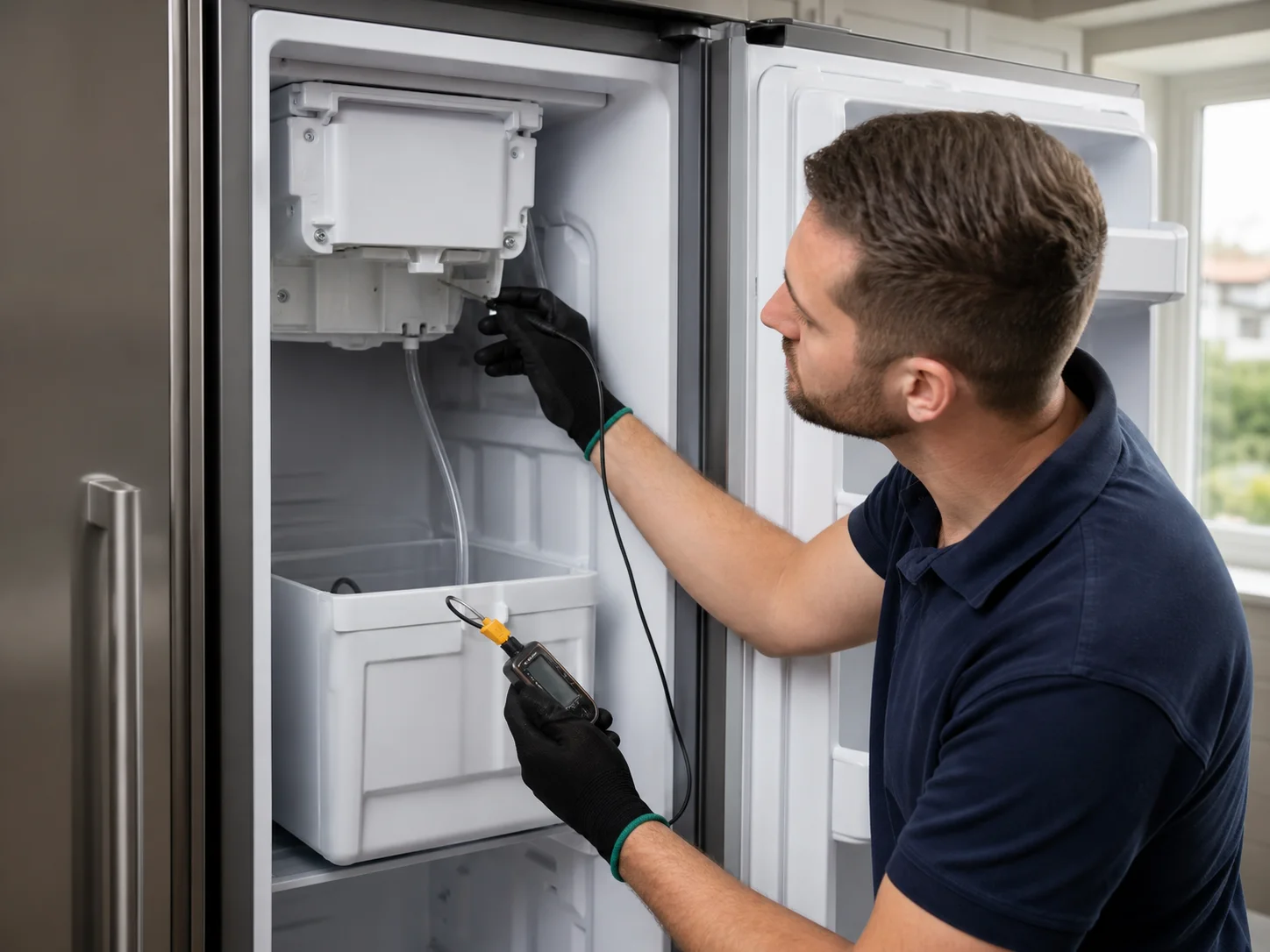Technician diagnosing 42-inch built-in side-by-side freezer with technician inspecting an internal ice maker for the Sub-Zero 642 symptom described in this guide