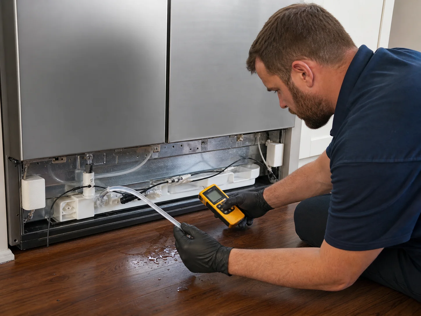 Technician diagnosing 42-inch built-in side-by-side refrigerator with technician tracing a contained lower water path for the Sub-Zero 642 symptom described in this guide