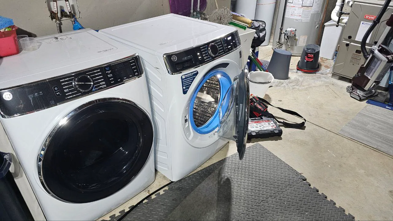 Front-load washer and dryer in a residential laundry room